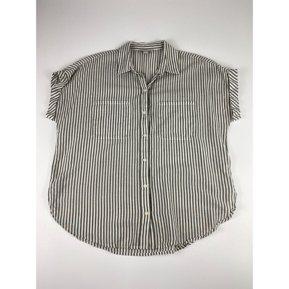Lucky Brand Womens Rolled Sleeve Striped Button Down Shirt Relaxed Grey White SM - Picture 1 of 11
